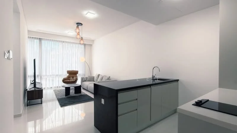 Living features: white painted walls, glossy tile flooring, recessed downlights, 5-blade ceiling fan with light, floor-to-ceiling windows with sheer curtains, grey fabric sofa, round wooden coffee table, black and white area rug, TV console, kitchen island with dark countertop, built-in cabinetry; style: modern; view: city.