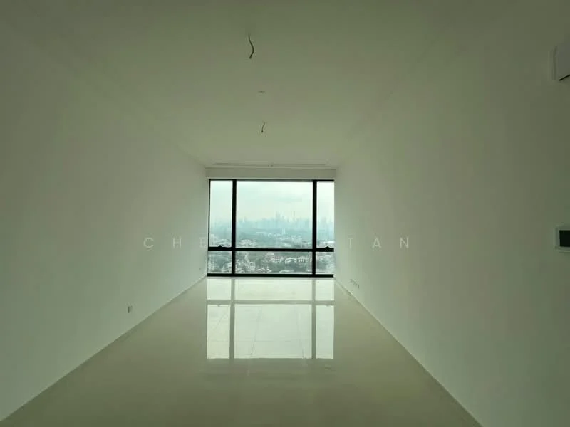 Room features: white painted walls, glossy tile flooring, floor-to-ceiling windows, city skyline view; style: modern; view: city.