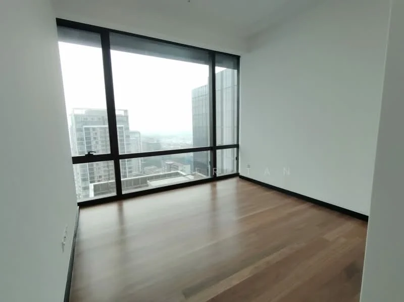 Room features: floor-to-ceiling windows, wooden flooring, white painted walls, city view, no visible furniture, minimalist design, corner room, natural light; style: modern; view: city.