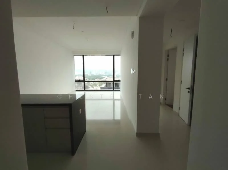 Room features: white painted walls, light grey flooring, large floor-to-ceiling windows, open layout, kitchen island with cabinetry, recessed lighting, minimalist design, city view; style: modern; view: city.