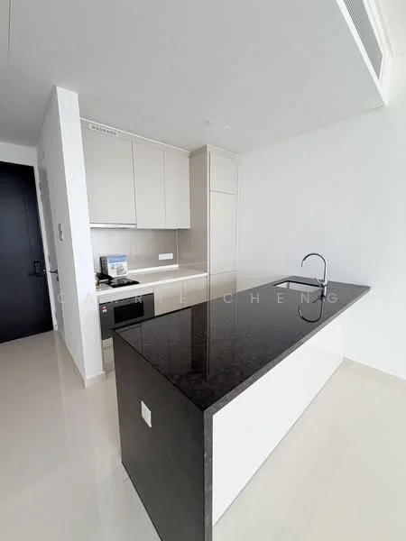 Kitchen features: black granite countertop, white cabinetry, built-in oven, stainless-steel sink, chrome pull-down faucet, ceramic tile flooring, recessed downlights, open shelving, microwave, integrated appliances; style: modern.