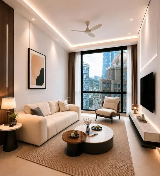 Living features: 3-seater fabric sofa in cream, wooden coffee table with round top, side table with lamp, area rug with neutral color, wall-mounted TV, ceiling fan, floor-to-ceiling windows, curtains, decorative wall art, recessed LED downlights, wooden accent wall; style: modern; view: city.