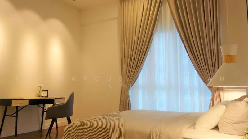 Bedroom features: queen-size bed, upholstered headboard, white bedding, bedside table, desk with chair, grey fabric chair, floor-to-ceiling window, sheer curtains, decorative lamp, wooden flooring, wall-mounted light fixture, neutral wall color; style: modern.