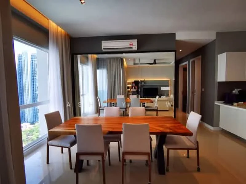 Dining features: wood dining table, 6 upholstered dining chairs, floor-to-ceiling windows, city view, recessed downlights, mirror wall, cream painted walls, polished tile flooring, wall-mounted split AC, open-plan layout with living area, light grey curtains; style: modern; view: city.