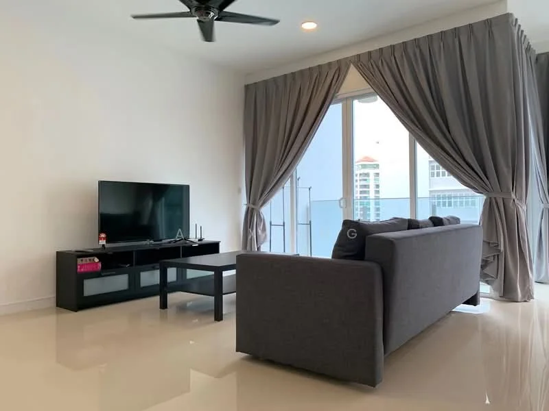 Living features: grey fabric sofa, black coffee table, black TV console, wall-mounted TV, floor-to-ceiling windows, sheer curtains, black ceiling fan, glossy tile flooring, recessed downlights, decorative throw pillows; style: modern; view: city.