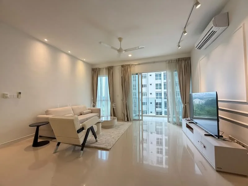 Living features: white painted walls, glossy tile flooring, 5-blade ceiling fan with light, floor-to-ceiling windows, sheer curtains, sliding glass door, light-colored fabric sofa, area rug, wall-mounted TV, TV console, recessed downlights; style: modern; view: city.