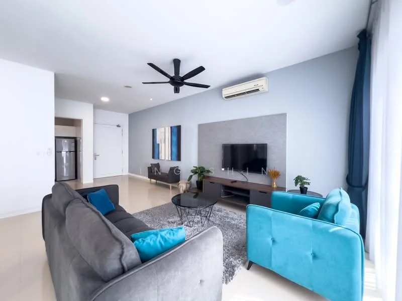 Living features: grey fabric 3-seater sofa, turquoise fabric 2-seater sofa, black coffee table, area rug with geometric pattern, wall-mounted TV, media console with storage, ceiling fan with light, wall-mounted air conditioning unit, floor-to-ceiling windows with sheer curtains, decorative wall art, potted plant; style: modern.