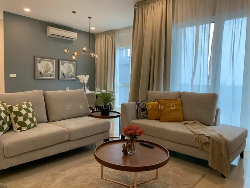 Living features: L-shape sectional sofa in light grey, green and white patterned throw pillows, yellow accent pillow, round wooden coffee table, decorative vase with flowers, wall-mounted air conditioning unit, floor-to-ceiling windows with sheer curtains, light grey wall with artwork, recessed ceiling lights, beige area rug; style: modern.