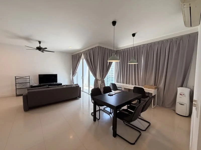 Living features: 3-seater fabric sofa in grey, coffee table, wall-mounted TV, dining table with 4 chairs, ceiling fan, recessed downlights, floor-to-ceiling windows, curtains in grey, white walls, tile flooring, air conditioning unit, side table; style: modern; view: city.