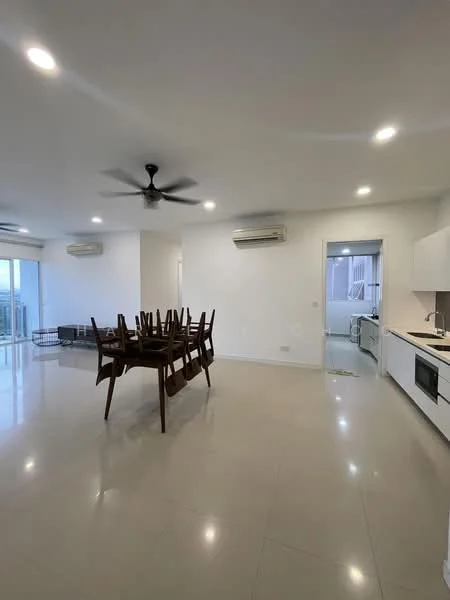 Living features: white painted walls, polished tile flooring, 5-blade ceiling fan with light, dining table with 8 chairs, floor-to-ceiling windows, air conditioning unit, open layout, kitchen area visible in background; style: modern; view: city.
