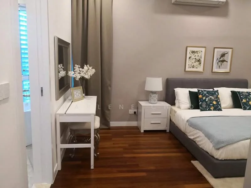 Bedroom features: queen-size bed with upholstered headboard, white bedding with decorative pillows, nightstand with drawer, table lamp, framed artwork on walls, wooden flooring, wall-mounted air conditioning unit, curtains, dressing table with mirror; style: modern.