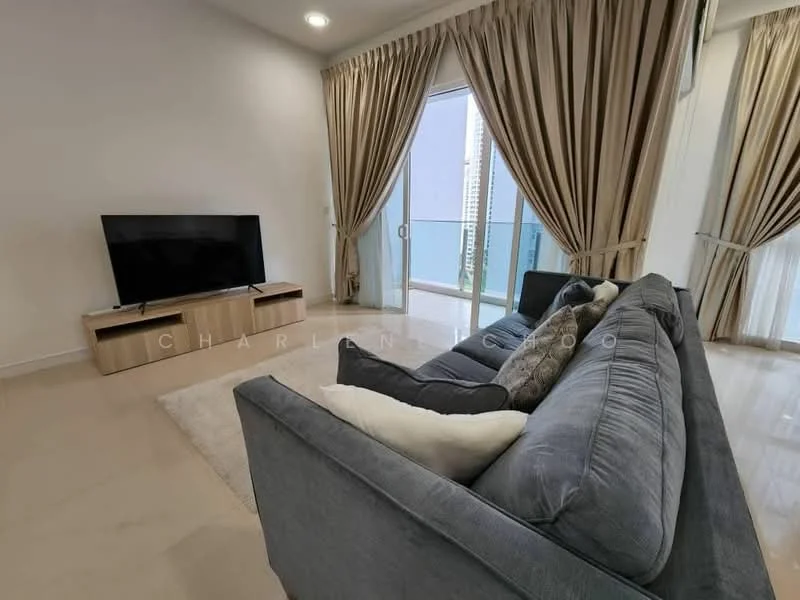 Living features: 3-seater fabric sofa in grey, decorative cushions, coffee table, wall-mounted TV, TV console in light wood, floor-to-ceiling windows, sheer curtains, drapes, marble flooring, recessed downlights; style: modern; view: city.