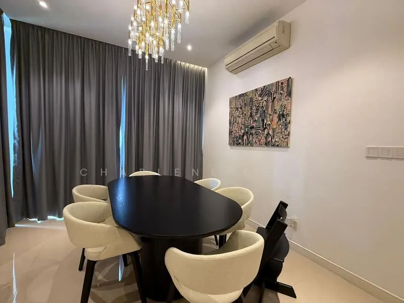 Dining features: oval black dining table, 6 upholstered dining chairs in cream, chandelier with multiple glass pendants, floor-to-ceiling windows with sheer curtains, air conditioning unit on wall, framed artwork on wall, cream painted walls, glossy tile flooring; style: modern.