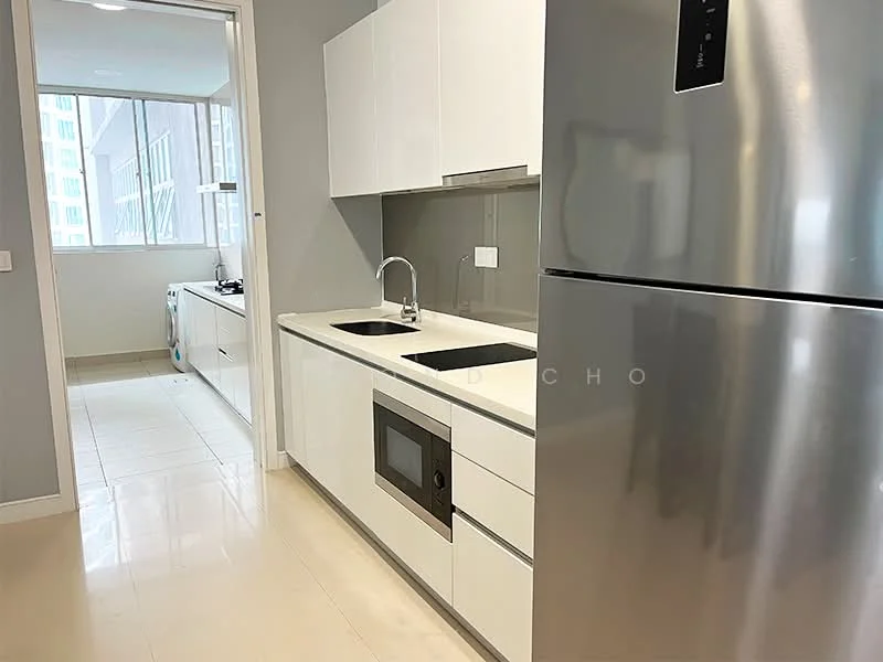 Kitchen features: white cabinetry, grey countertop, single-bowl stainless-steel sink, chrome pull-down faucet, built-in microwave, stainless-steel fridge, ceramic tile flooring, wall-mounted cabinets, gas stove, window with city view, neutral wall color, recessed downlights; style: modern; view: city.