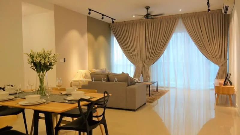 Living features: sofa in light grey fabric, area rug with neutral tones, floor-to-ceiling windows, sheer curtains, ceiling fan, recessed downlights, wall-mounted TV, wooden coffee table, decorative wall art, light-colored walls, polished tile flooring; style: modern. Dining features: 6-seater wooden dining table, black dining chairs, table setting with white plates and cutlery, grey table runner, decorative centerpiece with flowers; style: modern.