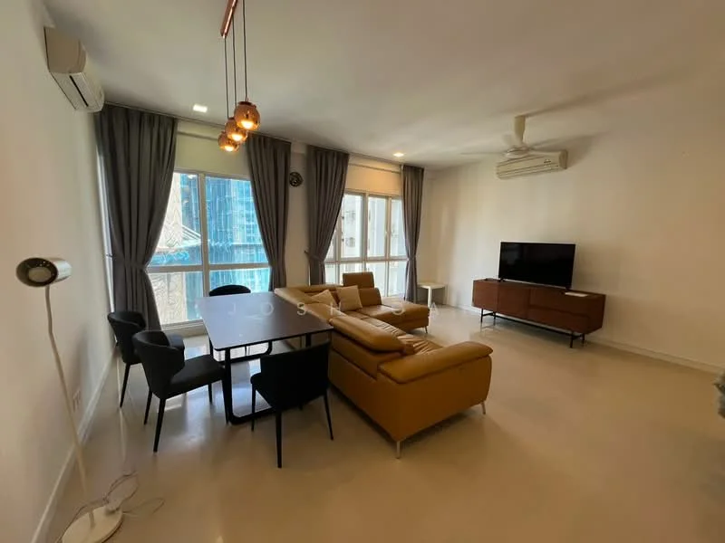 Living features: 3-seater leather sofa in beige, coffee table, TV console, wall-mounted TV, floor-to-ceiling windows, grey curtains, ceiling fan, recessed downlights, dining table with 4 black chairs, light fixture with multiple bulbs, air conditioning unit; style: modern; view: city.