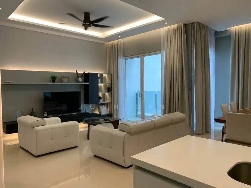 Living features: 2-seater white leather sofa, 3-seater white leather sofa, glass coffee table, wall-mounted TV, built-in shelving unit, recessed lighting, ceiling fan, floor-to-ceiling windows with sheer curtains, cream painted walls, glossy tile flooring, decorative wall paneling, open layout to dining area; style: modern.