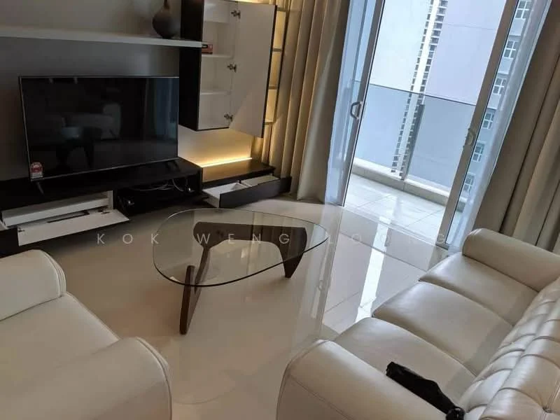 Living features: white leather sofa, glass coffee table with wooden legs, wall-mounted TV, TV console with storage, floor-to-ceiling windows, sheer curtains, light-colored tiled flooring, decorative vase on shelf, built-in cabinetry, recessed lighting; style: modern; view: city.
