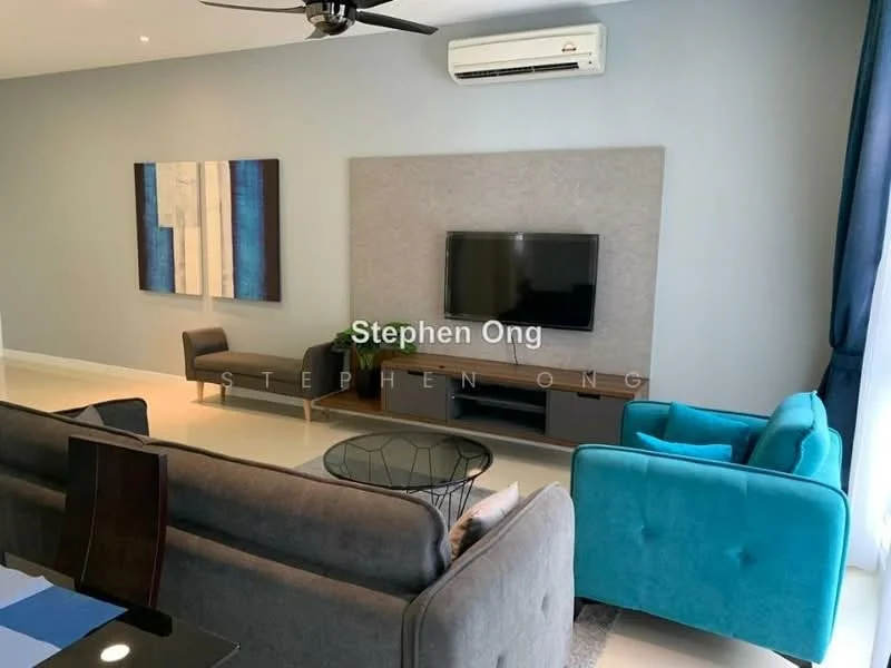 Living features: grey fabric sofa, teal fabric sofa, black coffee table, wall-mounted TV, light grey feature wall, white ceiling, recessed downlights, 1 wall-mounted split AC, decorative artwork, floor-to-ceiling windows with sheer curtains, light-coloured flooring; style: modern.