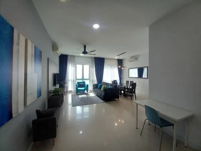 Living features: 3-seater fabric sofa in navy blue, 2-seater fabric sofa in grey, coffee table, TV console, wall-mounted TV, area rug with geometric pattern, ceiling fan with light, floor-to-ceiling windows, sheer curtains, dining table with 4 chairs, decorative wall art, light fixtures, marble tile flooring, recessed downlights; style: modern; view: city.
