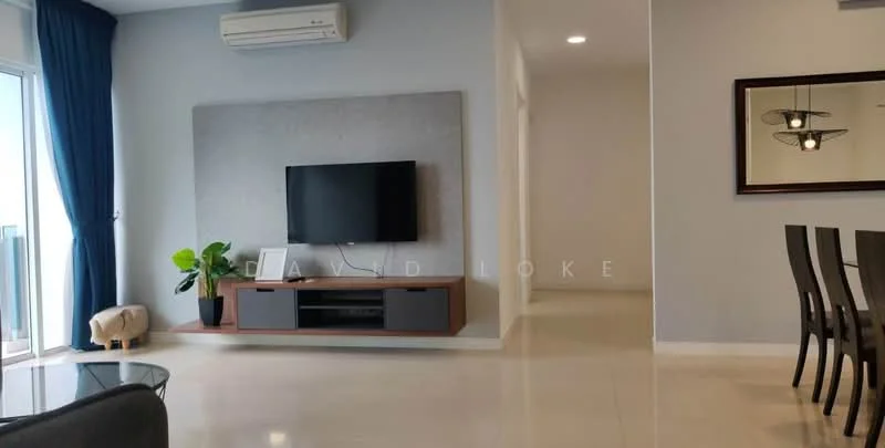 Living features: floor-to-ceiling windows, grey accent wall, wall-mounted TV, TV console with storage, light-colored flooring, air conditioning unit, decorative plant, dining area visible in background, recessed lighting; style: modern; view: city.