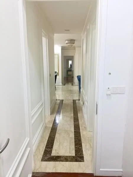 Hallway features: marble flooring with decorative inlay, white painted walls, crown moulding, recessed ceiling lights, chandelier, doorways leading to other rooms; style: modern.