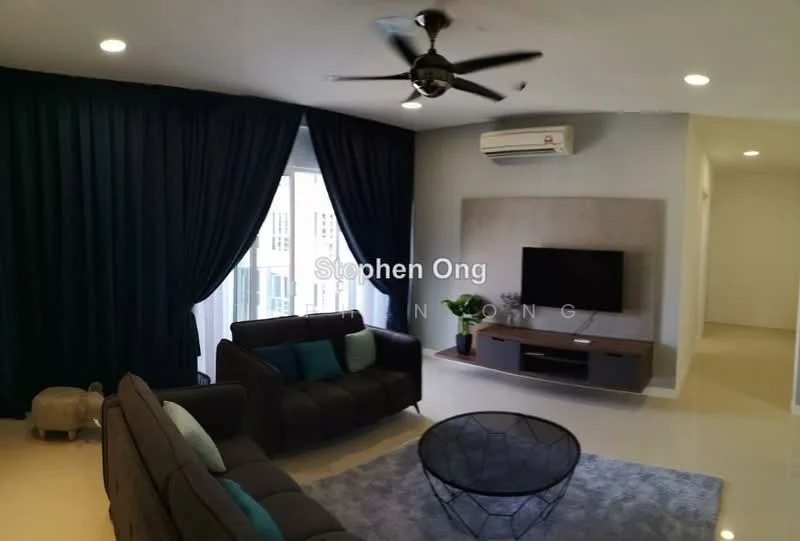 Living features: 3-seater fabric sofa in dark brown, 2-seater fabric sofa in dark brown, accent cushions in teal, coffee table with metal frame, wall-mounted TV, TV console in wood finish, ceiling fan with light, floor-to-ceiling windows, blackout curtains, light-colored walls, recessed lighting; style: modern.