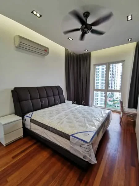Bedroom features: king-size bed with upholstered headboard, white bedding, wooden flooring, 5-blade ceiling fan, wall-mounted air conditioning unit, floor-to-ceiling windows, sheer curtains, nightstand with drawer, decorative chair; style: modern; view: city.