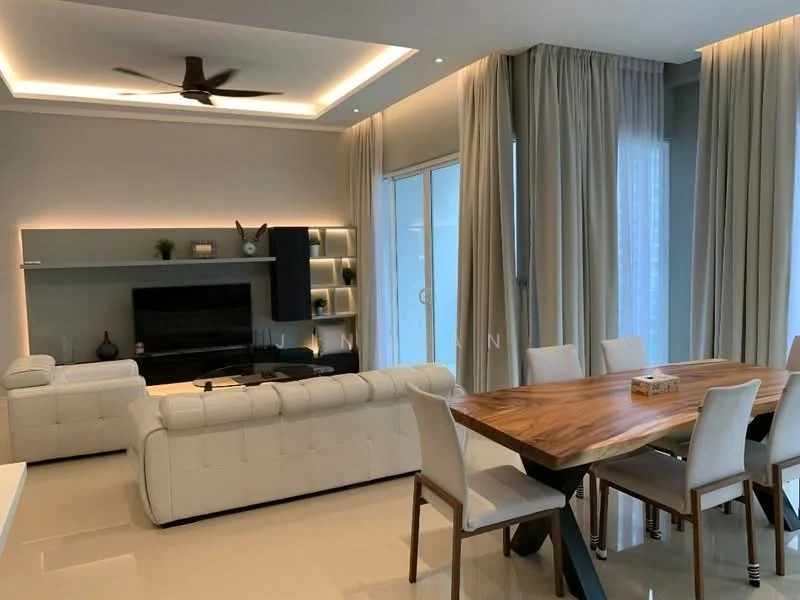 Living features: 5-blade ceiling fan with light, white leather sofa, wooden dining table, upholstered dining chairs, wall-mounted TV, shelves with decorative items, floor-to-ceiling windows, sheer curtains, recessed lighting, light-colored walls, polished tile flooring; style: modern.