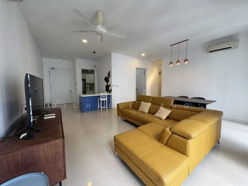 Living features: 3-seater leather sofa in yellow, coffee table, wall-mounted TV, TV console, ceiling fan, recessed downlights, white painted walls, glossy tile flooring, air conditioning unit, dining table with chairs, open layout to kitchen; style: modern. Kitchen features: kitchen island, white cabinetry, stainless-steel appliances, blue accent wall, open layout to living area; style: modern.