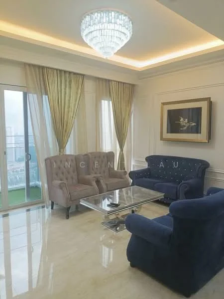 Living features: chandelier with crystals, cream painted walls, marble flooring, floor-to-ceiling windows, sheer curtains, dark blue fabric sofa, light grey upholstered armchairs, glass coffee table, decorative artwork on wall, crown moulding on ceiling; style: luxury; view: city.