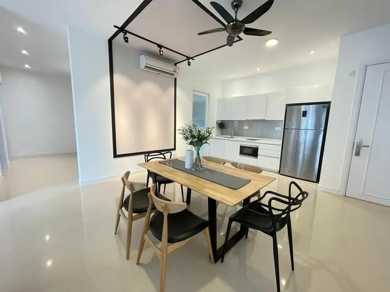 Dining features: dining table with wooden top and black metal legs, 4 black dining chairs with wooden accents, white walls, recessed downlights, 5-blade ceiling fan with light, wall-mounted split AC, kitchen area visible in background, ceramic tile flooring, stainless-steel fridge, built-in oven, white cabinetry; style: modern.