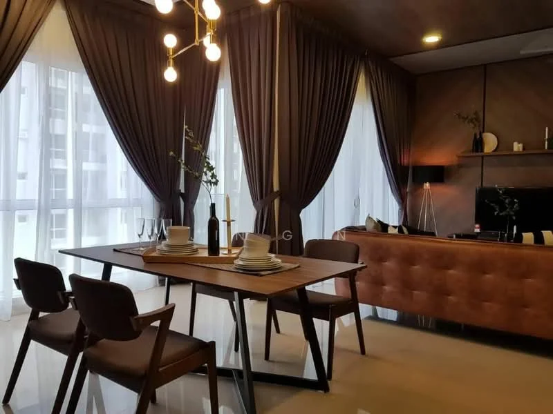 Dining features: wooden dining table, 4 dining chairs, decorative vase with greenery, table setting with plates and cutlery, floor-to-ceiling windows, sheer curtains, dark wood paneling on ceiling, recessed downlights, wall-mounted lamp, brown leather sofa, coffee table, TV console, decorative items on console; style: modern; view: city.