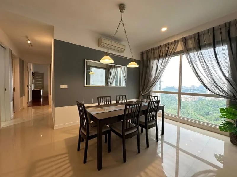 Dining features: 6-seater dining table, black wooden dining chairs, pendant lighting above table, large window with city view, grey accent wall, cream tiled flooring, air conditioning unit on wall, sheer curtains, decorative mirror on wall, indoor plant in ceramic pot; style: modern; view: city.
