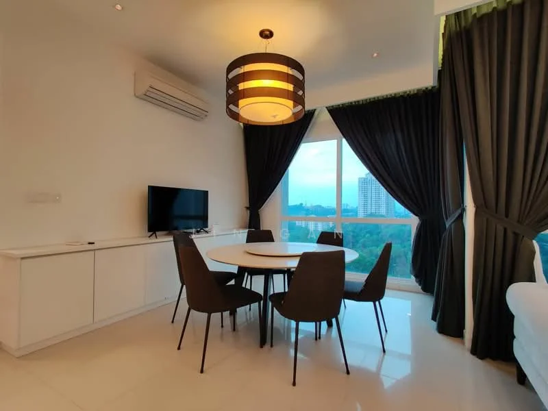 Dining features: round dining table, 4 upholstered dining chairs, white sideboard, wall-mounted TV, floor-to-ceiling windows, blackout curtains, recessed downlights, 5-blade ceiling fan, city view; style: modern; view: city.