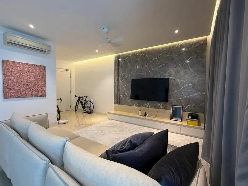 Living features: 3-seater fabric sofa in light beige, 2 large dark blue cushions, white area rug, wall-mounted flat-screen TV, light wood TV console, marble feature wall, recessed LED downlights, ceiling fan, air conditioning unit, decorative artwork on wall, bicycles in corner; style: modern.