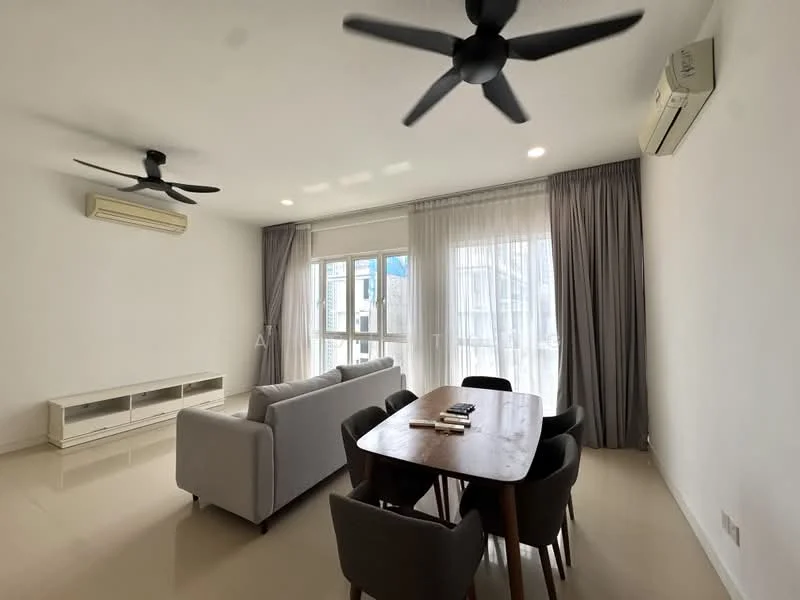 Living features: 3-seater fabric sofa in light grey, wooden dining table with 6 chairs, 2 ceiling fans, 1 wall-mounted split AC, floor-to-ceiling windows, sheer curtains, light-coloured walls, glossy tile flooring, TV console, decorative items on the table; style: modern.