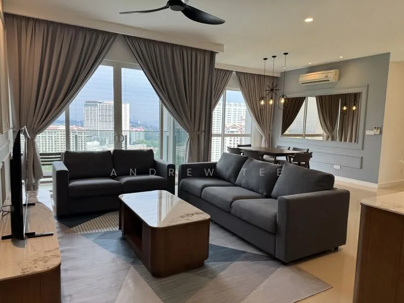 Living features: 3-seater fabric sofa in grey, 2-seater fabric sofa in grey, coffee table with marble top, TV console, wall-mounted TV, area rug with geometric pattern, floor-to-ceiling windows, curtains in light grey, ceiling fan with light, recessed downlights, decorative wall mirror, dining table with chairs; style: modern; view: city.