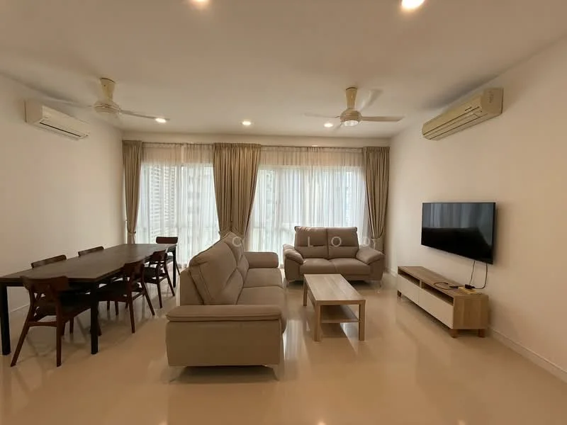 Living features: 2-seater fabric sofa in beige, 3-seater fabric sofa in beige, coffee table in light wood, wall-mounted TV, TV console in white, dining table for 6 in dark wood, 6 dining chairs in wood, 2 ceiling fans, 2 wall-mounted split AC units, floor-to-ceiling windows with sheer curtains, light-colored tiled flooring, neutral painted walls; style: modern; view: city.