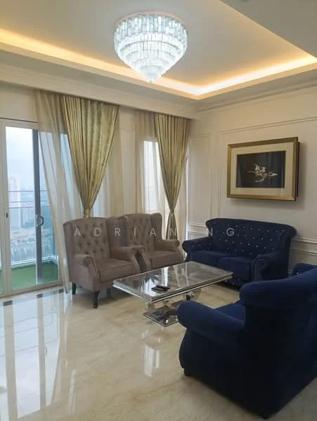Living features: chandelier, recessed lighting, cream painted walls, marble flooring, two armchairs in light grey, sofa in dark blue, glass coffee table, floor-to-ceiling windows with sheer curtains, greenery view from balcony; style: luxury; view: garden.