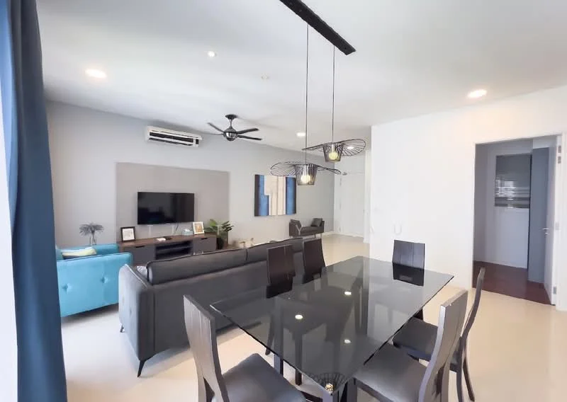 Dining features: glass dining table, 6 dining chairs, pendant lighting, wall-mounted TV, sofa in blue fabric, 3-seater grey fabric sofa, ceiling fan, air conditioning unit, light-colored walls, wood flooring; style: modern. Living features: wall-mounted TV, 3-seater grey fabric sofa, sofa in blue fabric, ceiling fan, air conditioning unit, light-colored walls, wood flooring; style: modern.