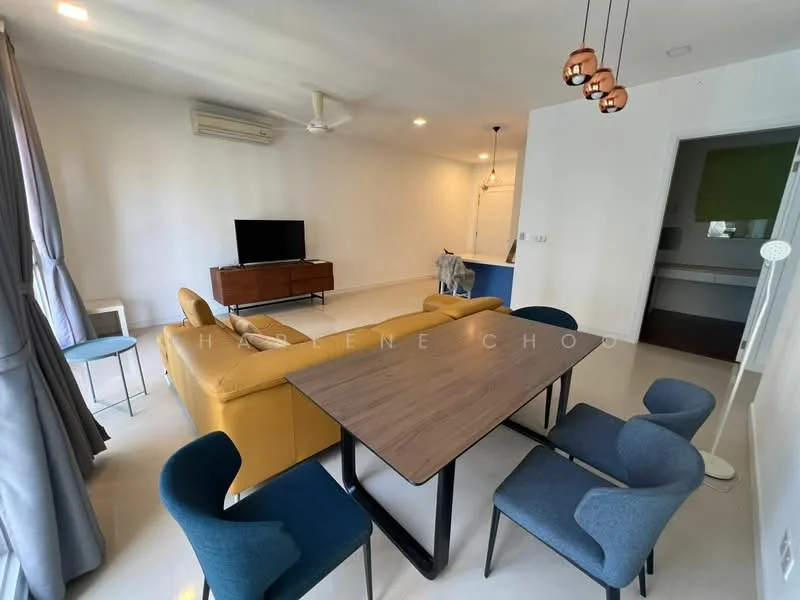 Living features: 3-seater yellow fabric sofa, wooden coffee table, 4 blue upholstered dining chairs, wall-mounted TV, air conditioning unit, floor-to-ceiling windows with sheer curtains, light grey walls, recessed downlights, ceiling fan, laminate flooring; style: modern. Kitchen features: open kitchen layout, kitchen island, white cabinetry, stainless-steel appliances, countertop with bar seating; style: modern.