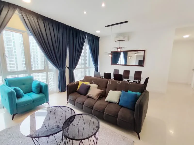 Living features: 3-seater fabric sofa in dark brown, upholstered cushions in various colors, 2 round coffee tables with wireframe base, floor-to-ceiling windows with sheer curtains, blue accent armchair, dining table with 6 black chairs, recessed downlights, air conditioning unit on wall, light-colored tiled flooring, decorative wall art; style: modern; view: city.