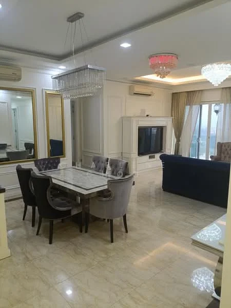 Living features: marble flooring, white painted walls, crown moulding, chandelier, recessed downlights, floor-to-ceiling windows, sliding glass door, grey upholstered sofa, dining table with marble top, 4 grey upholstered dining chairs, large decorative mirror, TV console, decorative wall paneling; style: modern; view: city.