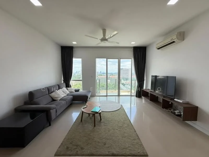 Living features: 3-seater fabric sofa in grey, coffee table, TV console, wall-mounted TV, area rug with geometric pattern, floor-to-ceiling windows, sliding glass door, curtains, ceiling fan, recessed LED downlights, cream painted walls, polished tile flooring, view of city skyline; style: modern; view: city.