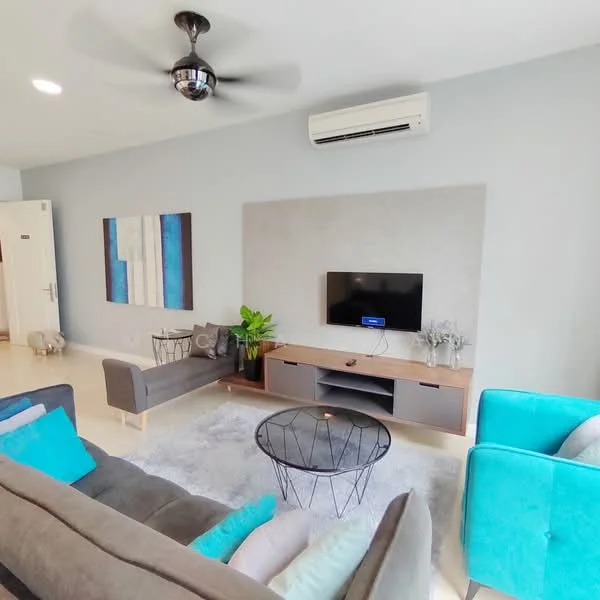 Living features: 3-seater fabric sofa in grey, 2-seater fabric sofa in turquoise, coffee table with metal base, area rug in light grey, wall-mounted TV, TV console with storage, ceiling fan with light, wall-mounted air conditioning unit, decorative plant in pot, framed artwork on wall; style: modern.