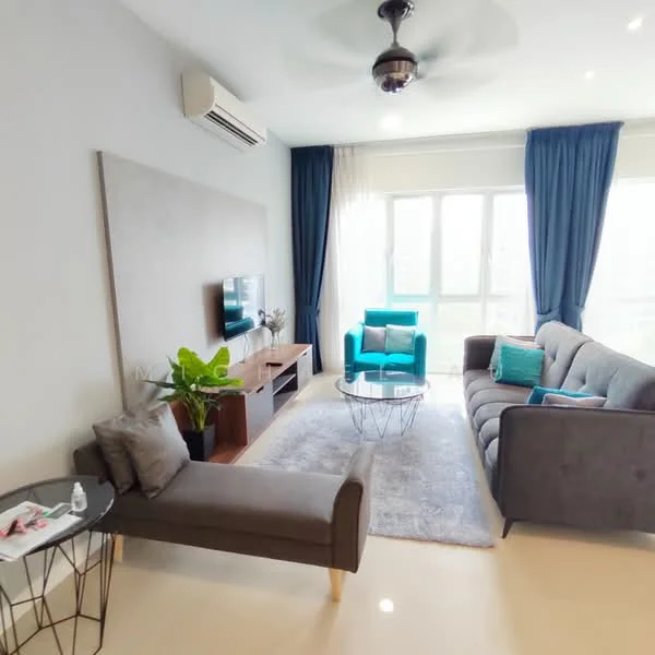 Living features: grey fabric sofa, teal accent chair, glass coffee table, TV console, wall-mounted TV, decorative cushions, area rug, potted plant, 5-blade ceiling fan with light, floor-to-ceiling windows with sheer curtains, light-colored walls, cream-colored flooring; style: modern; view: city.