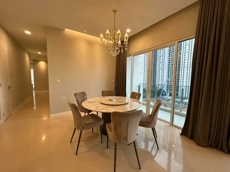 Dining features: round marble dining table, upholstered dining chairs in beige, chandelier with multiple bulbs, floor-to-ceiling windows, sheer curtains, cream painted walls, polished tile flooring, balcony access; style: modern; view: city. Room features: cream painted walls, polished tile flooring, recessed lighting.