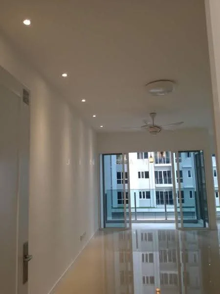 Room features: white painted walls, polished tile flooring, recessed downlights, 5-blade ceiling fan, floor-to-ceiling windows, sliding glass door, balcony view, natural light; style: modern; view: city.