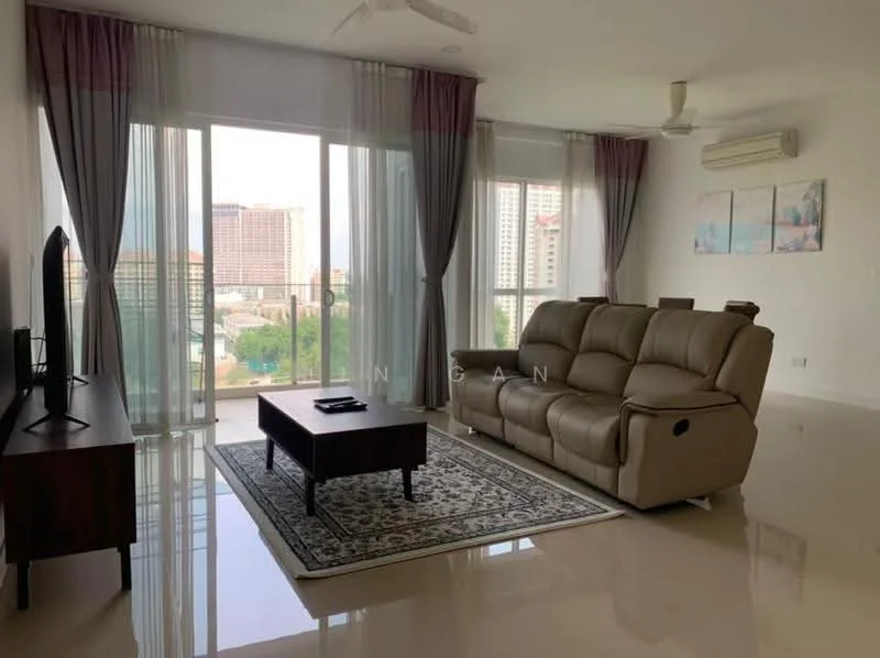 Living features: 3-seater leather sofa in beige, coffee table, TV console, wall-mounted TV, area rug with geometric pattern, floor-to-ceiling windows, sheer curtains, recessed downlights, ceiling fan, cream painted walls, polished tile flooring, decorative artwork on walls; style: modern; view: city.
